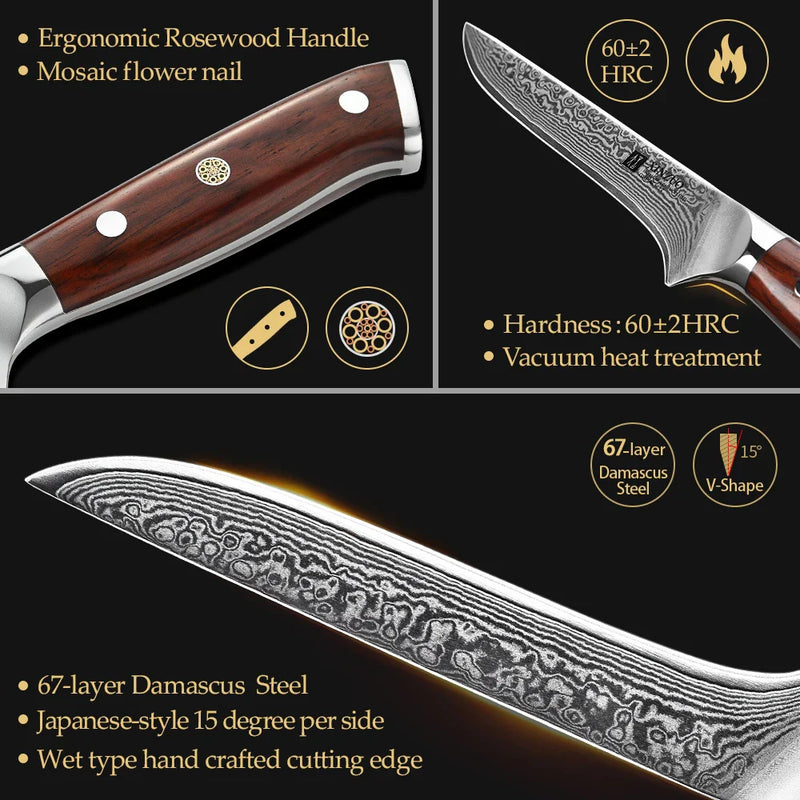 XINZUO 6" Boning Fish Knife 67 Layers Damascus Steel Lasting Sharp Kitchen Knives Rosewood Handle New Ham Knife Kitchen Tools