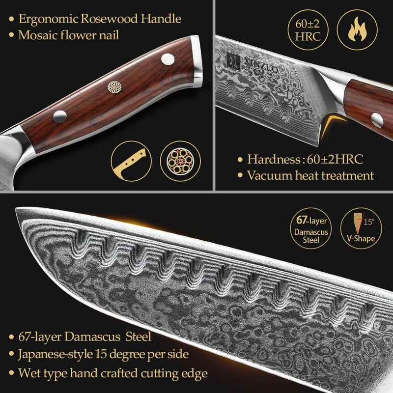 XINZUO 5'' inch Santoku Kitchen Knives Damascus Steel Chef's Knife New Sharp Meat Fruit Vegetables with Rosewood Handle