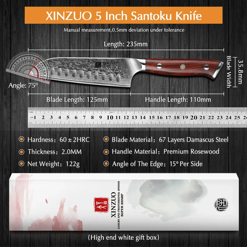 XINZUO 5'' inch Santoku Kitchen Knives Damascus Steel Chef's Knife New Sharp Meat Fruit Vegetables with Rosewood Handle