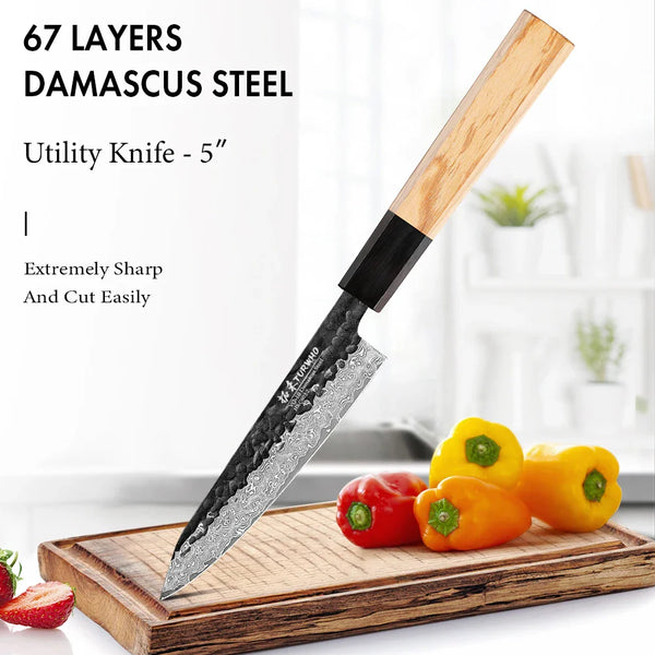TURWHO 5 Inch Utility Knife Damascus Steel Japanese Hand Forged Kitchen Chef Knives Vegetable Meat Fruit Paring Kitchen tools