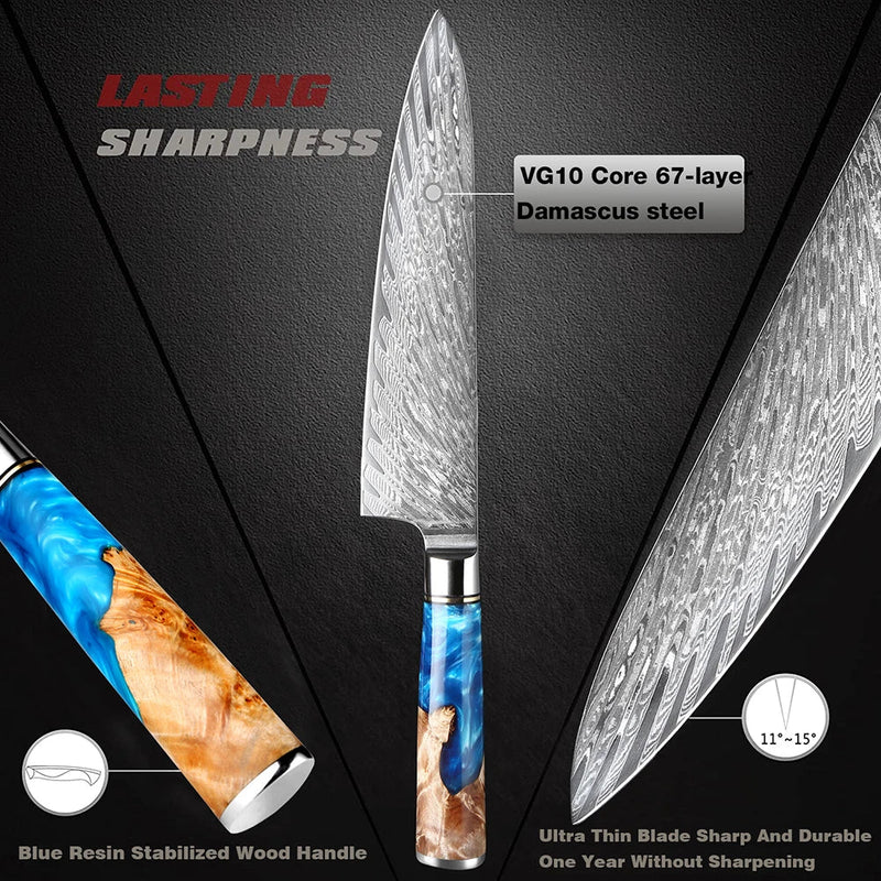 XITUO Kitchen Knives Set Damascus Steel VG10 Chef Knife Cleaver Paring Bread Knife Blue Resin Stabilised Wood Handle 1-7PCS set
