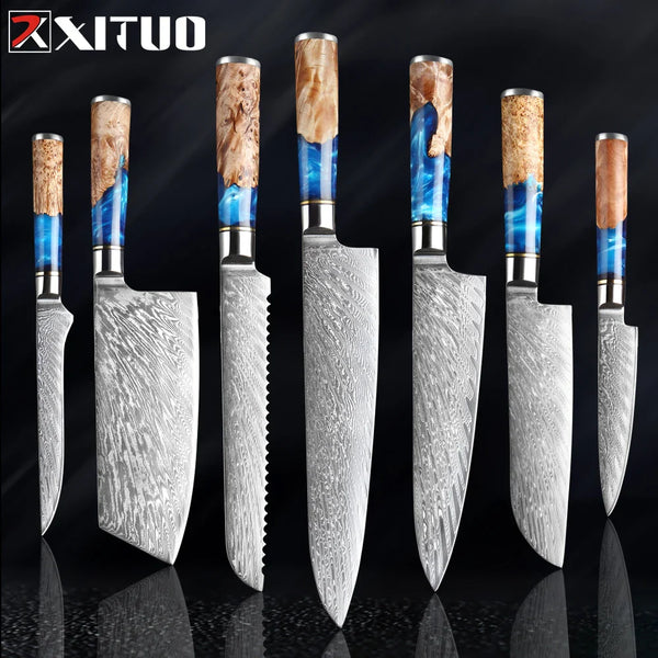 XITUO Kitchen Knives Set Damascus Steel VG10 Chef Knife Cleaver Paring Bread Knife Blue Resin Stabilised Wood Handle 1-7PCS set