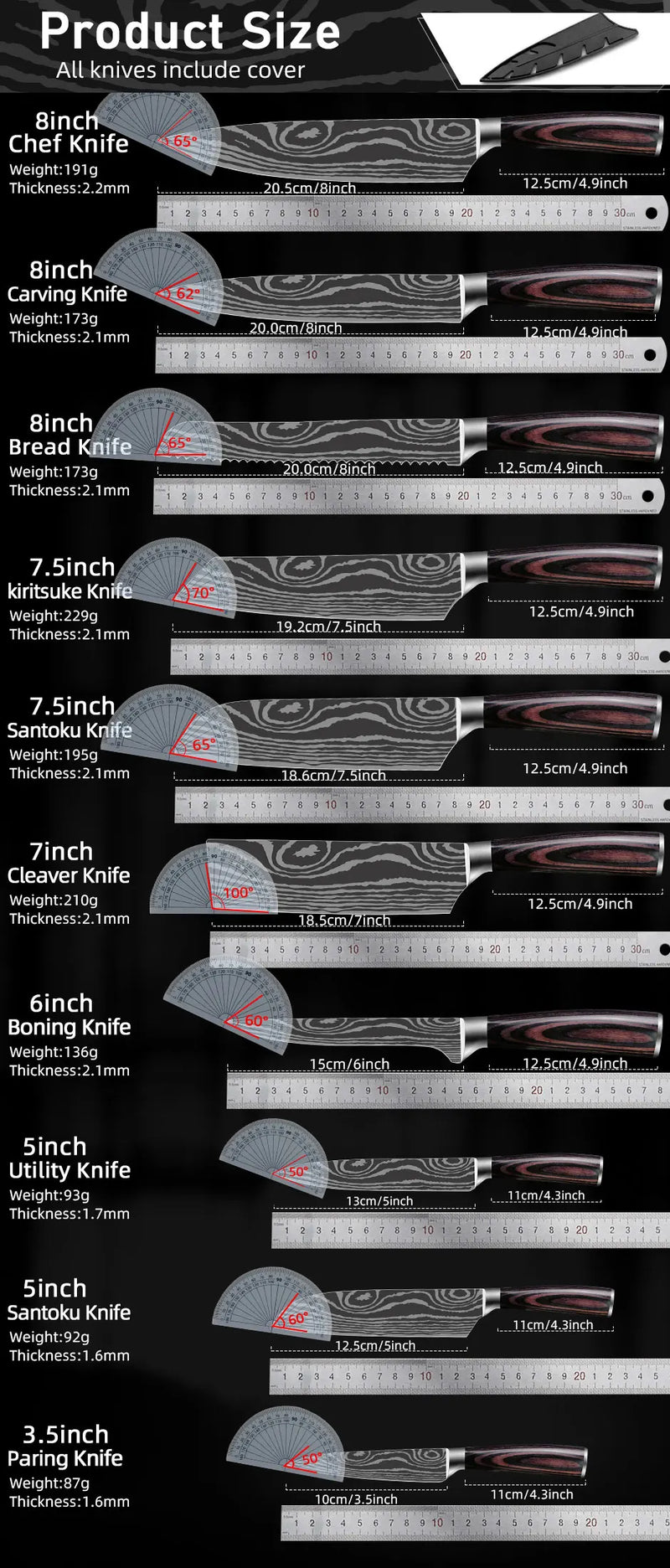 Set of Kitchen Knives 1- 3Pcs 8 inch Chef Knives Stainless Steel Damascus Laser Japanese Cleaver Knife Kiritsuke Santoku Slicer